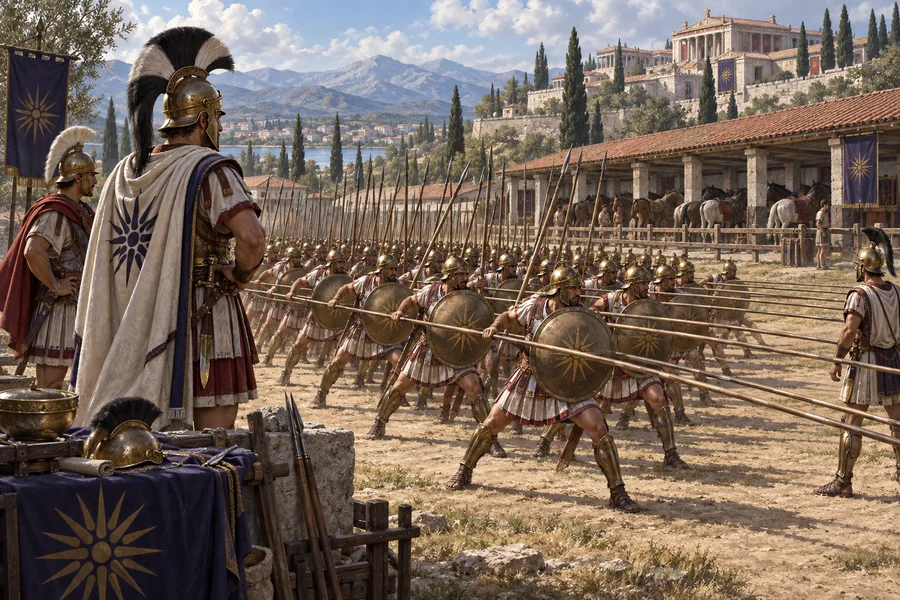 The phalanx drills outside Pella