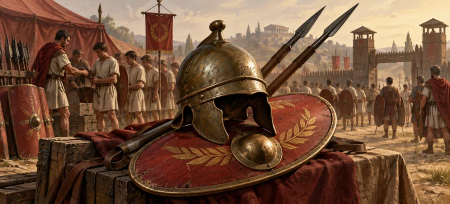 Helmet, shield and pila